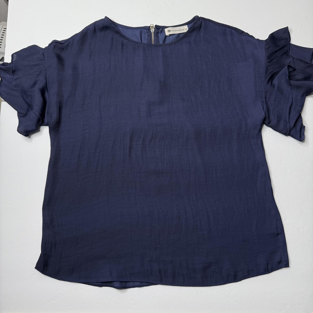 The Impeccable Pig Shirt Women's Medium Navy Blue Ruffle Sleeve Blouse‎